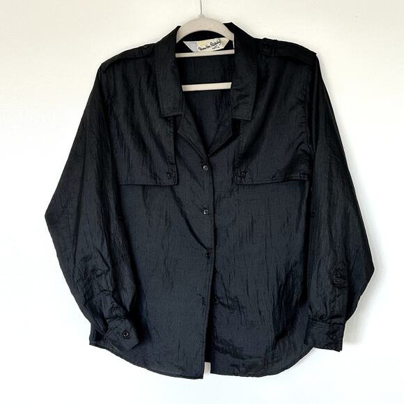 Vintage DVF Black Utility Blouse Size 10 Petite Button Down Top Y2K Minimalist - Picture 15 of 16